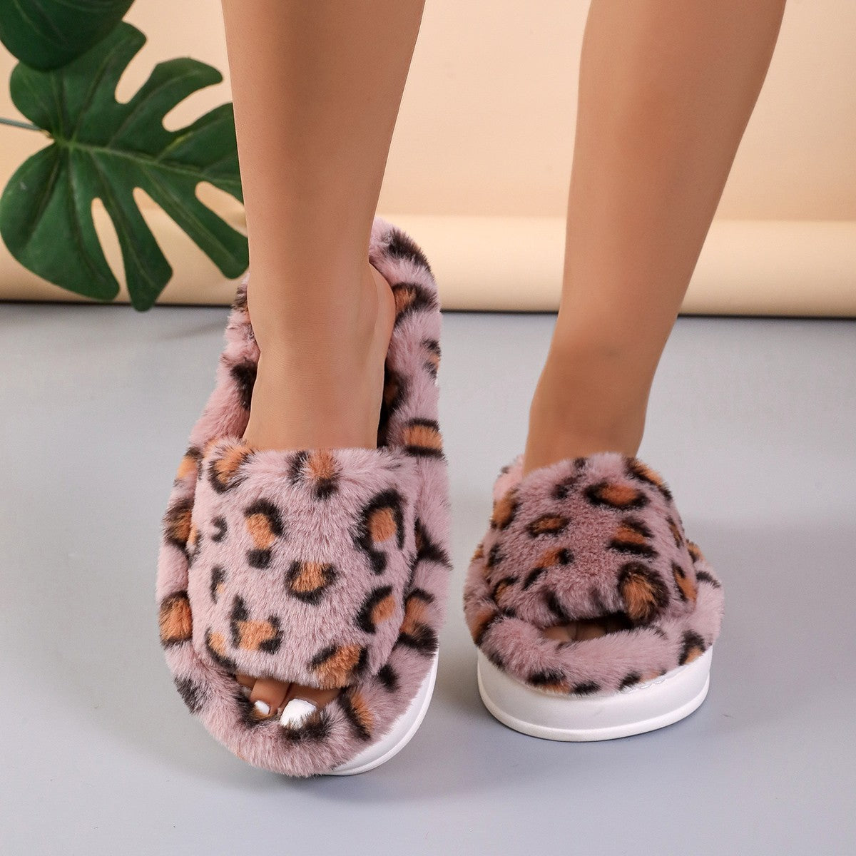 Fashion Winter Slipper Leopard Print Thick-soled Warm Fur Slippers Home