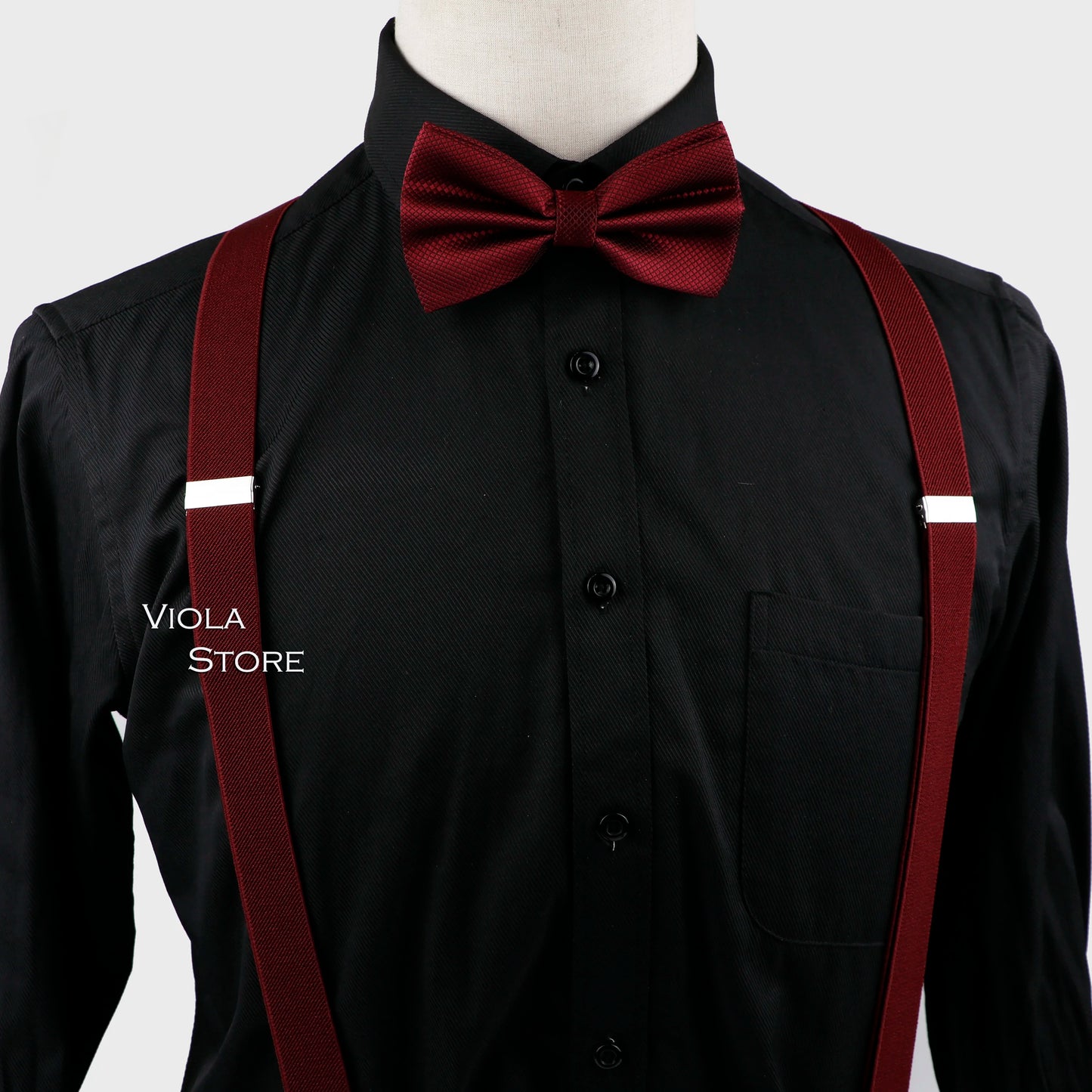 2 Sizes Colorful Solid Elastic Suspender Bow Tie Hankie Sets