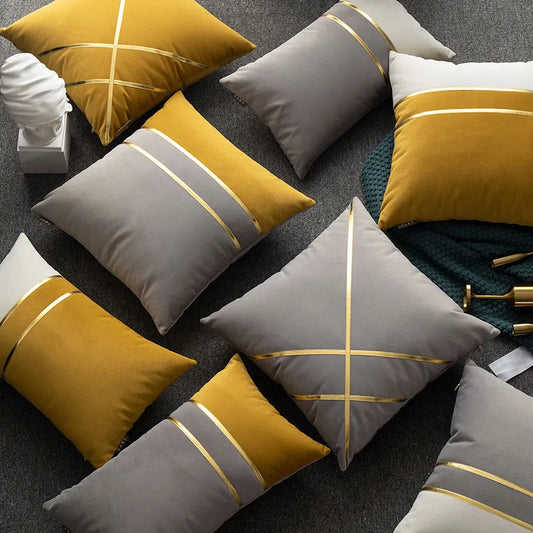 Luxury Velvet Color Matching Double Gold Belt Pillow Case Modern Minimalist Living Room