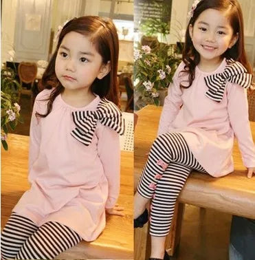 girl clothing sets children clothes kids top with bow+striped leggings 2pcs