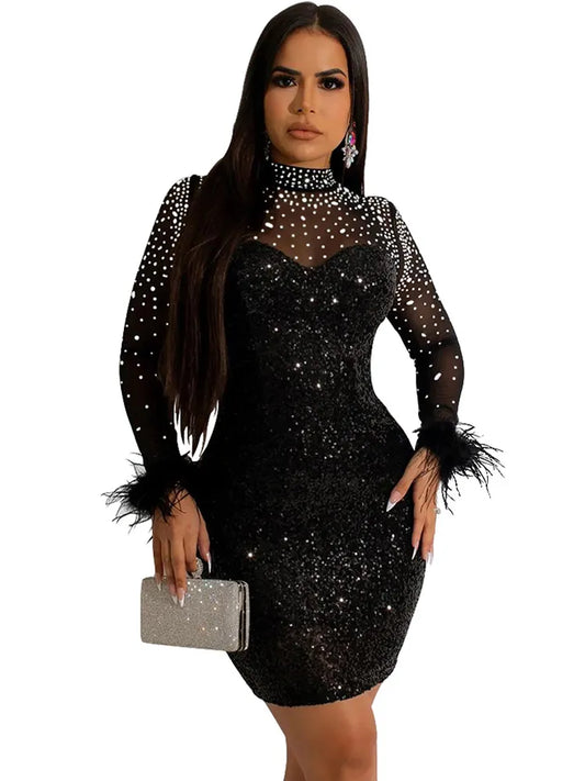 Sexy Mesh Rhinestone Sequin Feather Prom Mini Dresses