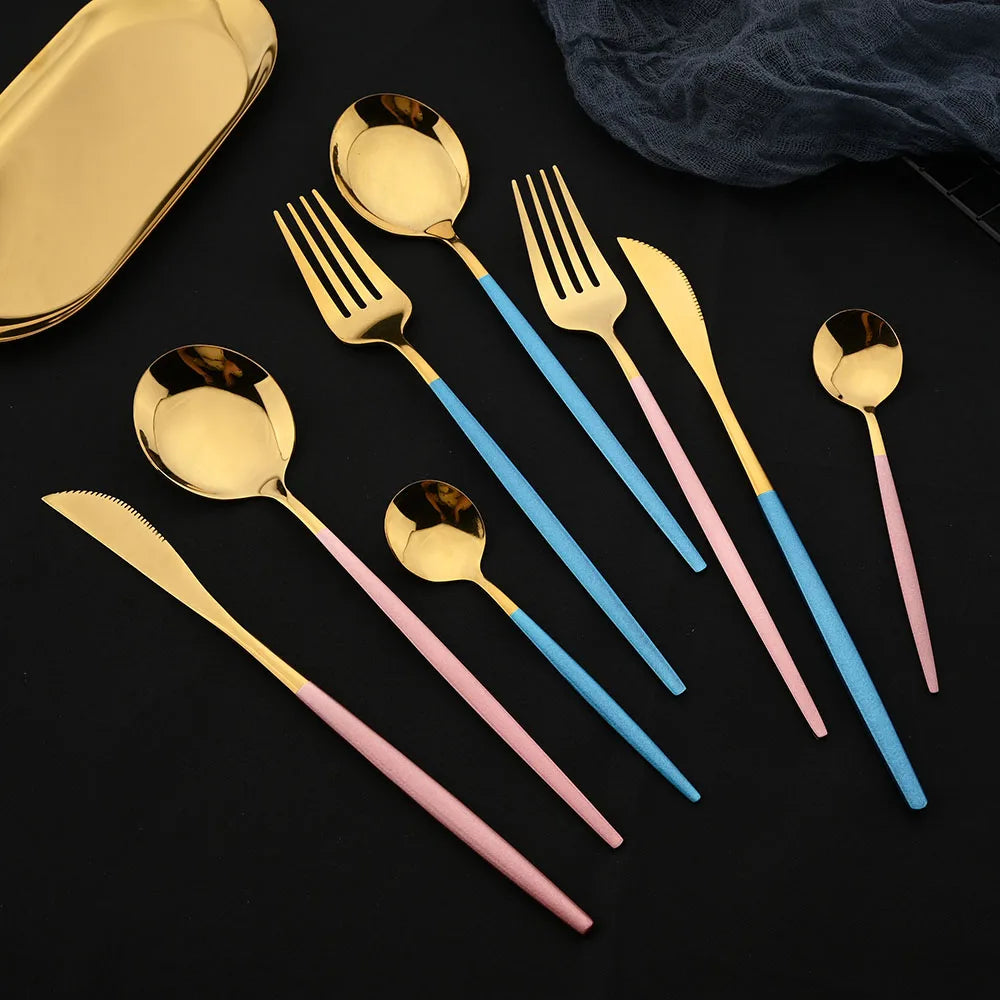 16pcs Pink Gold Dinnerware Tableware Set Mirror Stainless Steel Cutlery Kitchen
