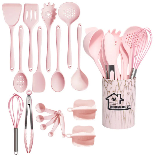 Pink 18Pcs Food Grade Silicone Kitchen Cookware Utensils