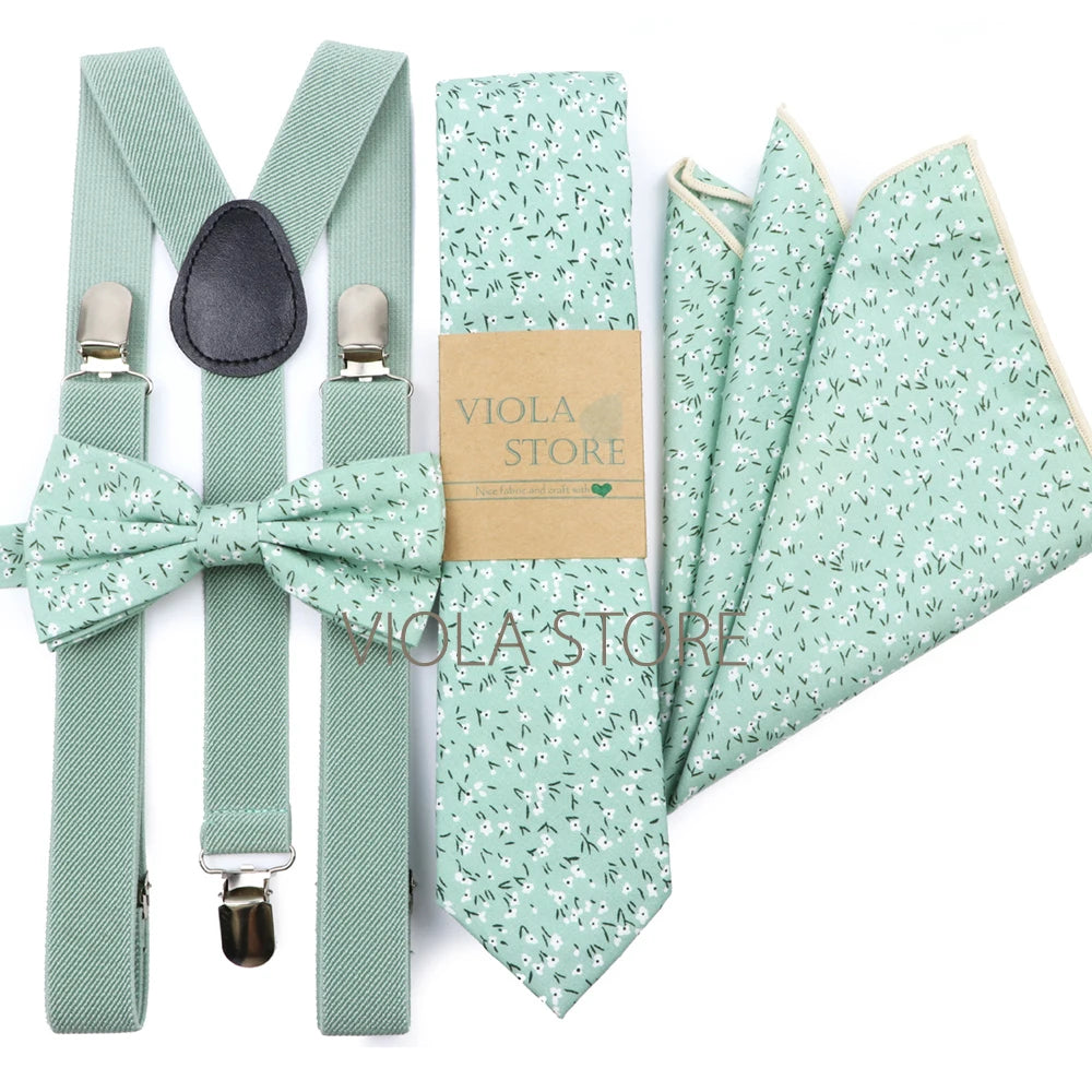 Hot Colors Pink Navy Elastic Suspender Floral Cotton Bow 6cm Tie Pocket Square Set