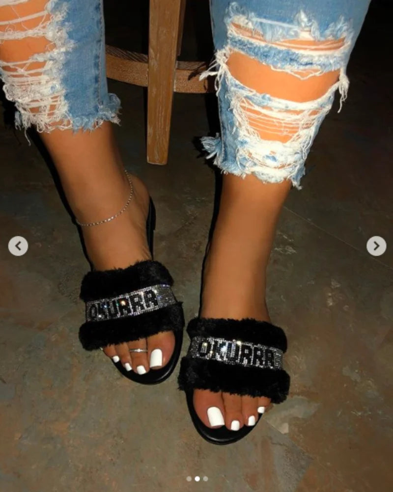 Sandals Female  Europe Flat Fur Slides Shinny Diamond Slippers Wild Fashion
