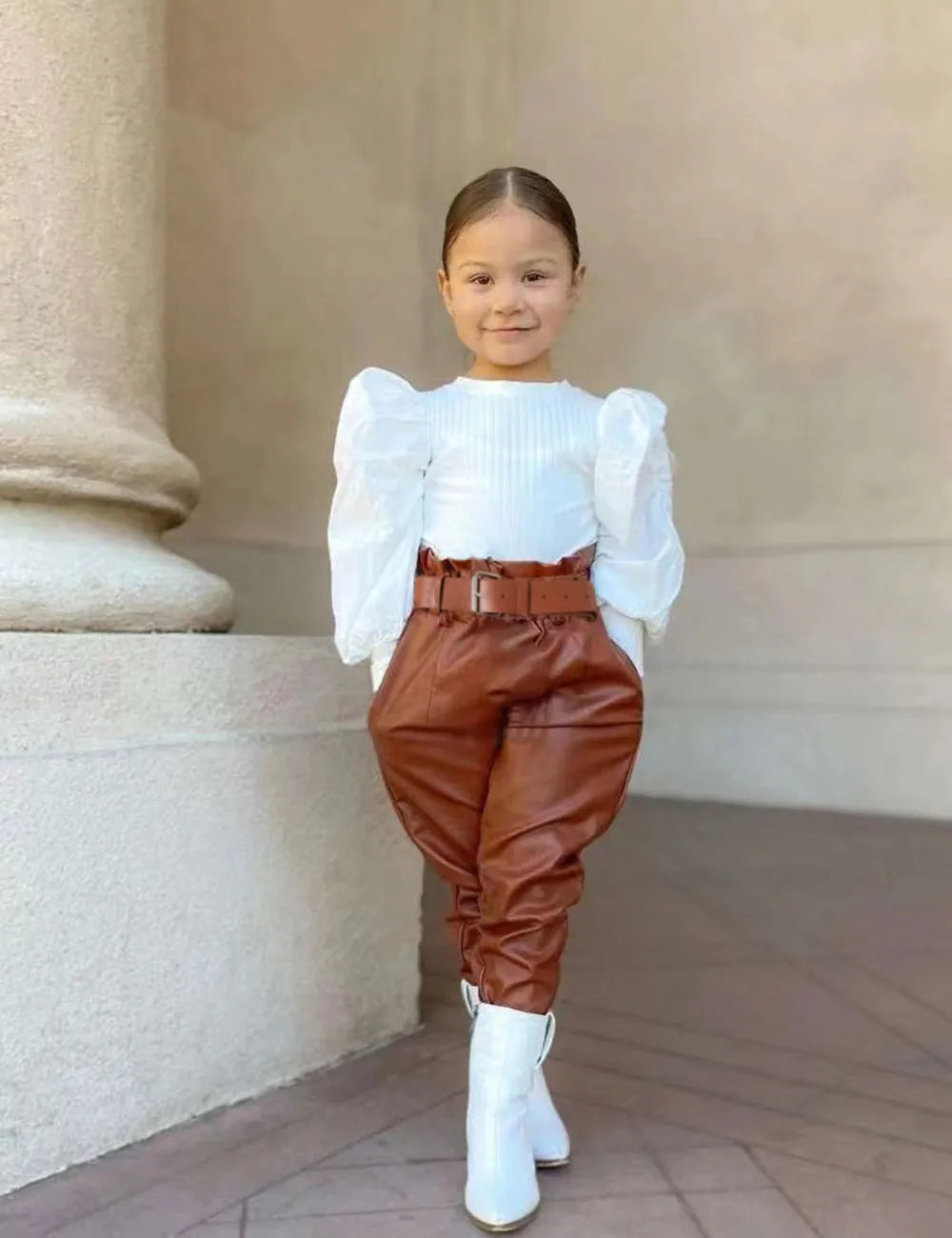 Toddler Girl Clothes Puff Sleeve Tops + Leather Pants 2Pcs