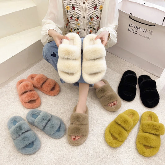 Double Fluffy Slippers Women's Autumn and Winter
