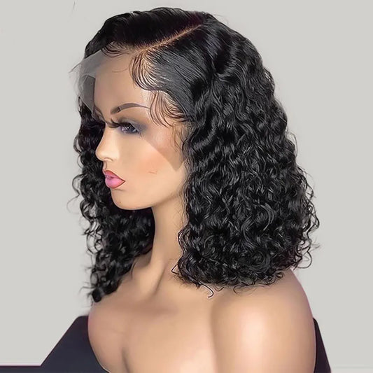 Bob Lace Wig Black Curly For Women Deep Water Curly Wave Human Hair Wigs 100%