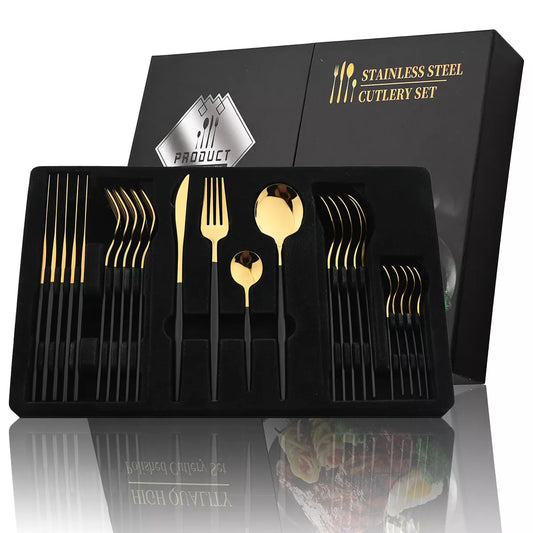 24Pcs Black Handle Golden Cutlery Set