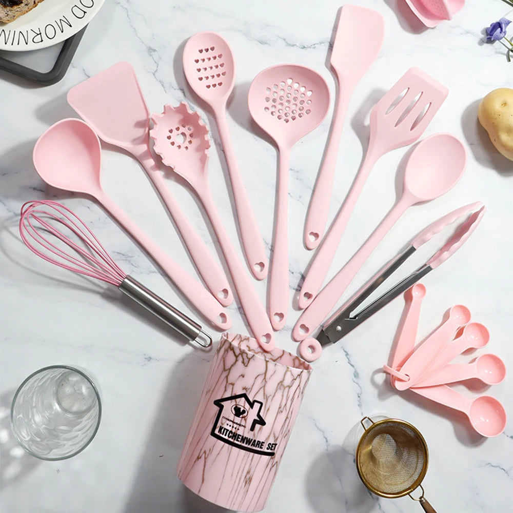 Pink 18Pcs Food Grade Silicone Kitchen Cookware Utensils