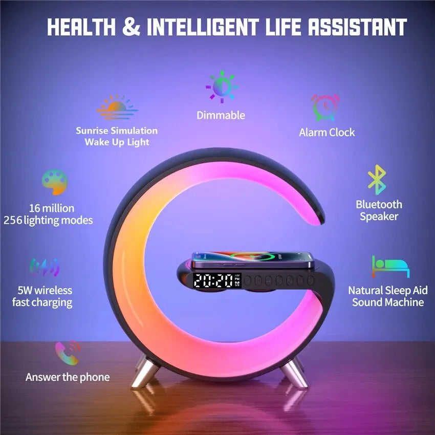 Wireless Charger Stand Alarm Clock Bluetooth Speaker LED Lamp
