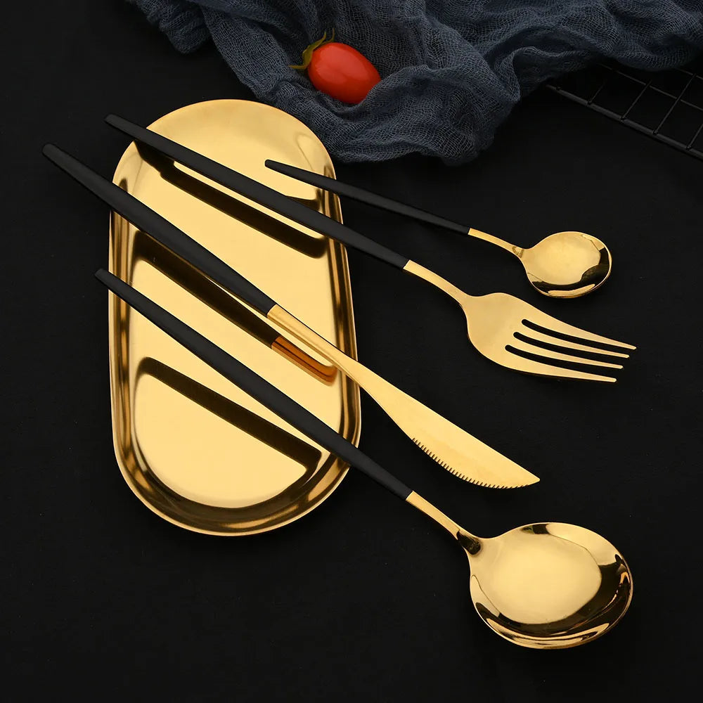 16pcs Pink Gold Dinnerware Tableware Set Mirror Stainless Steel Cutlery Kitchen