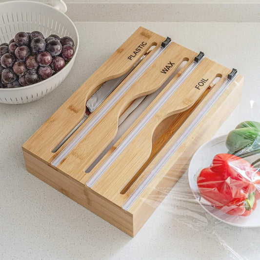 1pc Cling Film Cutter Minimalist Wall Mounted Wooden Kitchenware Multi Compartment