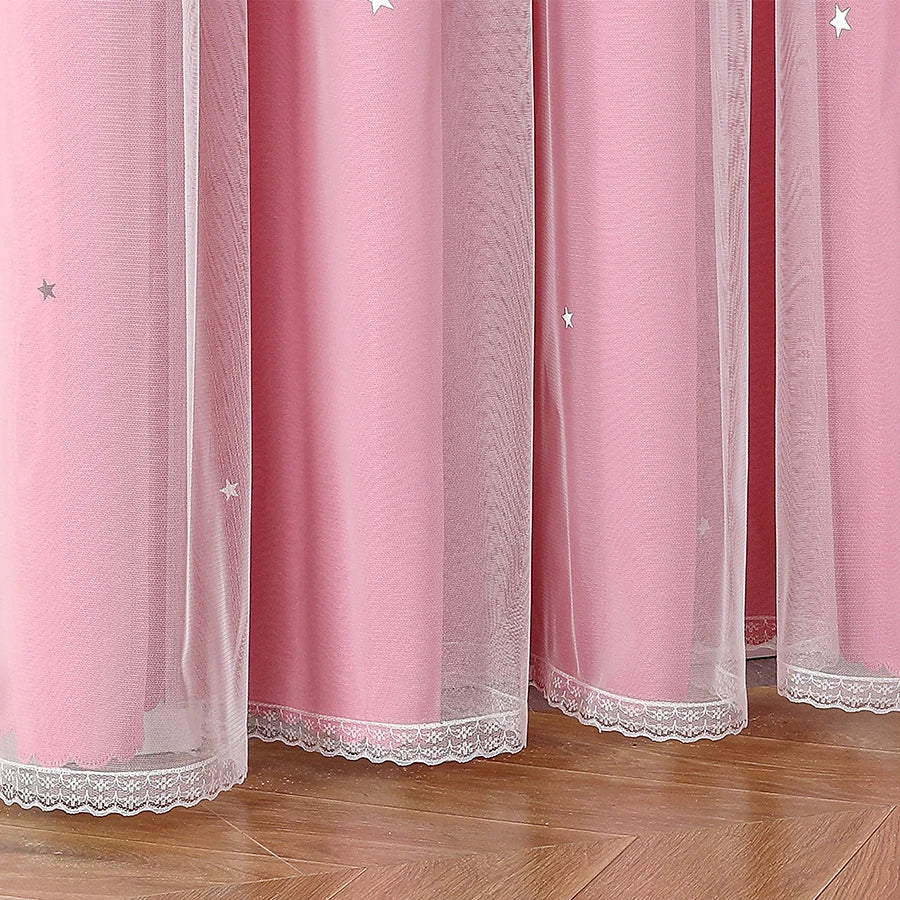 Curtains Double Layer Sheer Overlay with Bowknot Lace for Kids Room