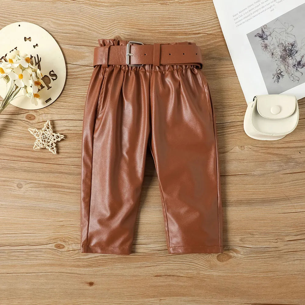 Toddler Girl Clothes Puff Sleeve Tops + Leather Pants 2Pcs