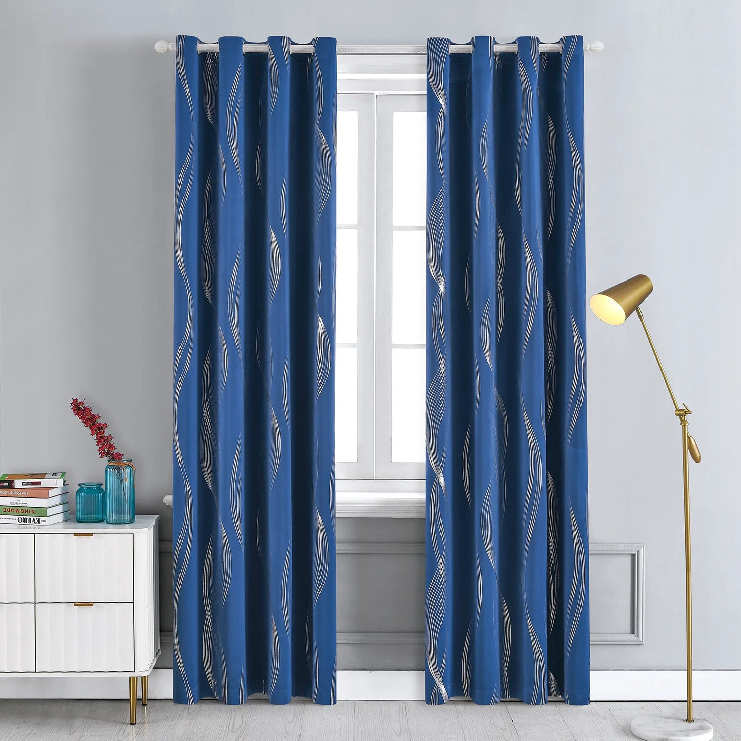 Thermal Insulated Blackout Curtains for Bedroom with Silver Print Wave