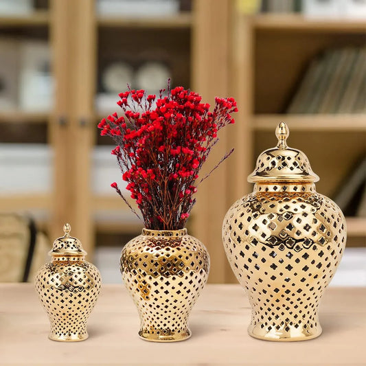 Pierced Gold Ceramic Vase Ginger Jar with Lid Hollow