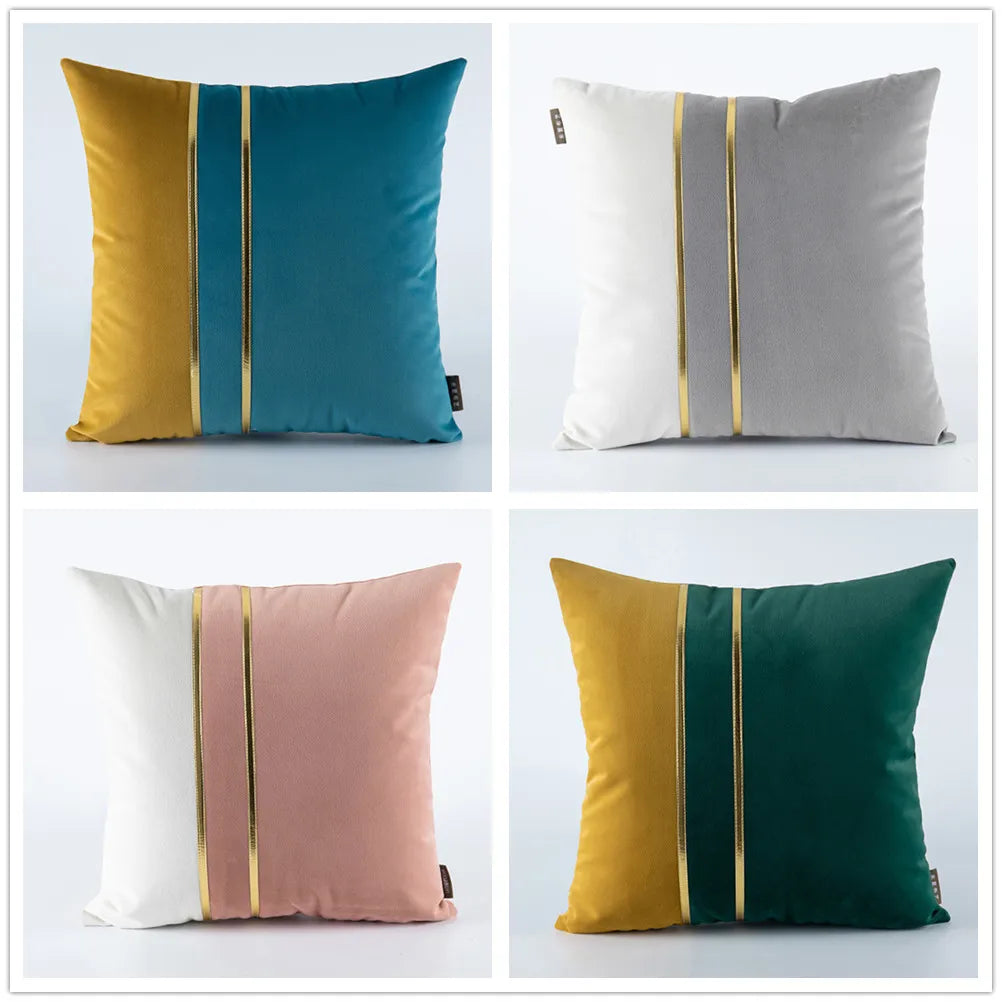 Luxury Velvet Color Matching Double Gold Belt Pillow Case Modern Minimalist Living Room