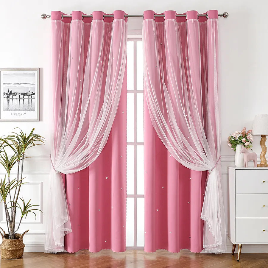 Curtains Double Layer Sheer Overlay with Bowknot Lace for Kids Room