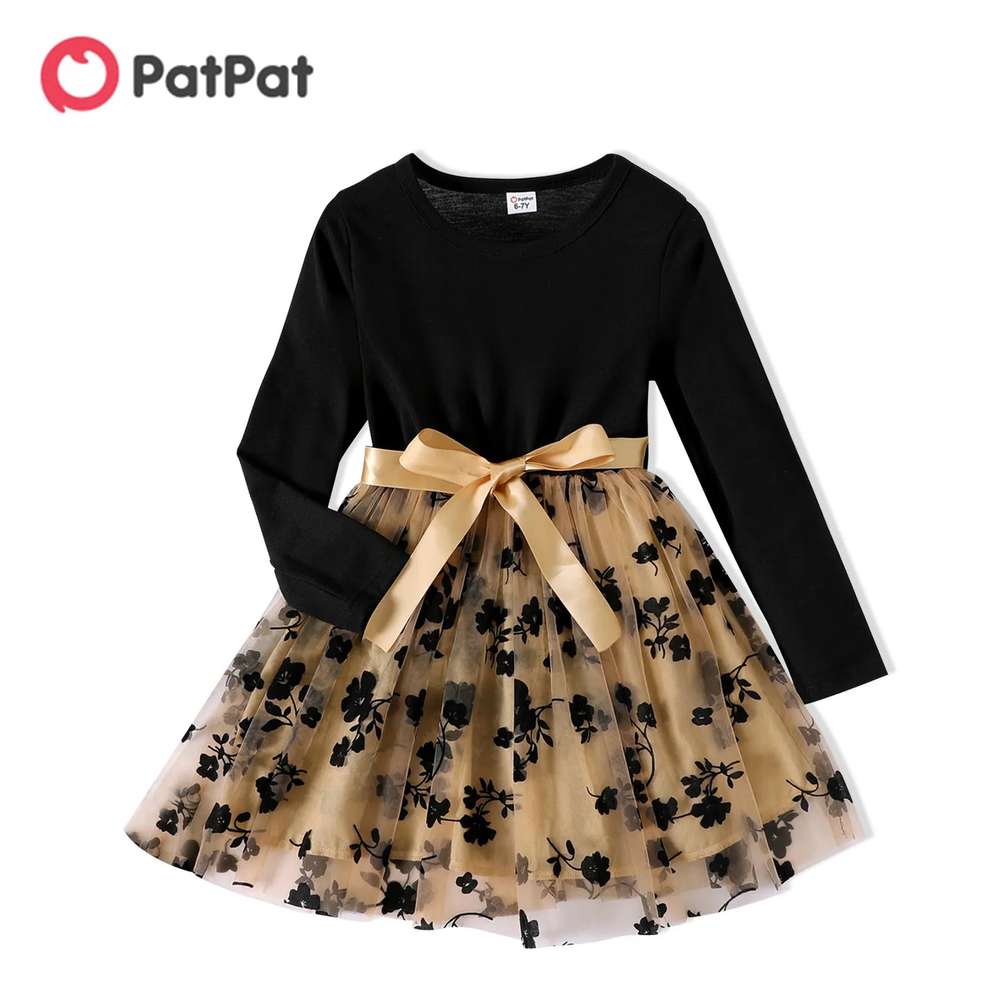 PatPat Kid Girl Dresses Floral Embroidered Belted Mesh Splice Long