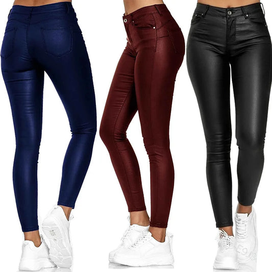 New Women PU Leather Pants High Waist Skinny Push Up Leggings Elastic  S-2XL