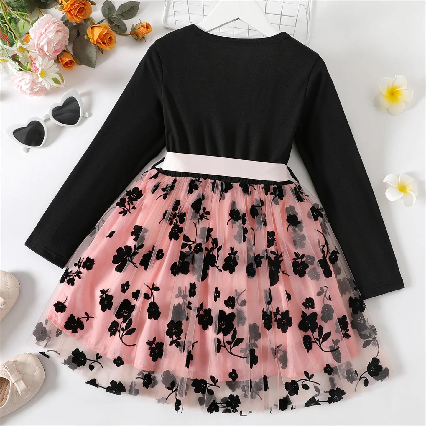 PatPat Kid Girl Dresses Floral Embroidered Belted Mesh Splice Long