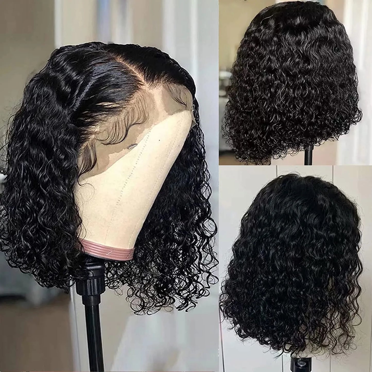 Bob Lace Wig Black Curly For Women Deep Water Curly Wave Human Hair Wigs 100%