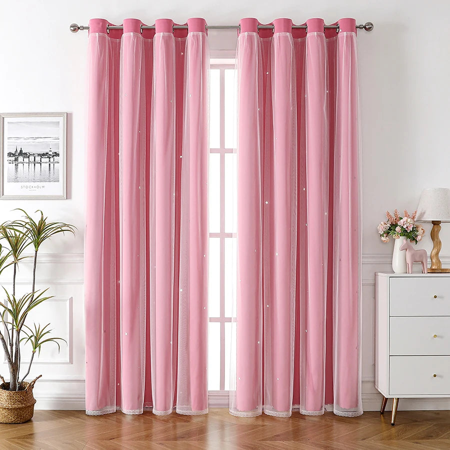 Curtains Double Layer Sheer Overlay with Bowknot Lace for Kids Room