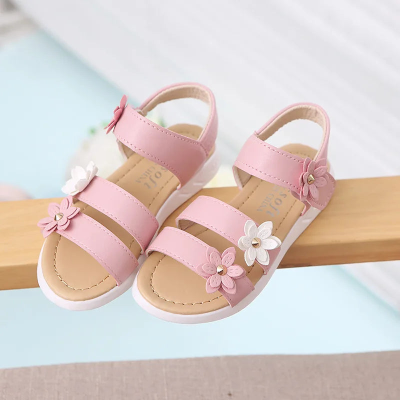 Summer New Girls Sandals Kids Floral Sandals with 3 Flowers Princess